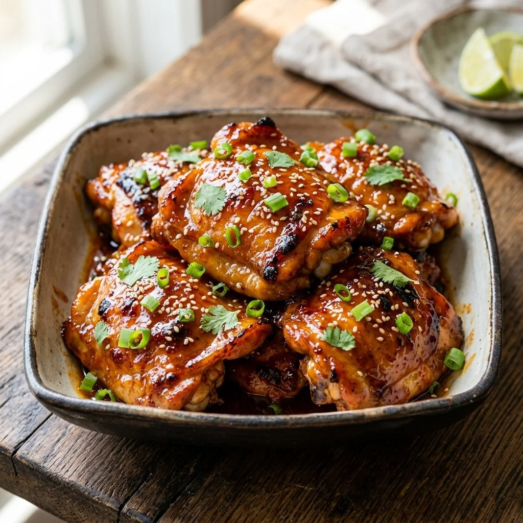Honey Sriracha Chicken dish garnished with herbs and served on a plate