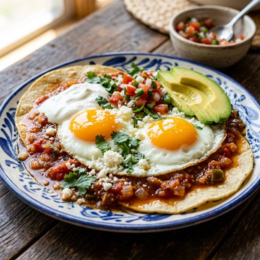 Delicious Huevos Rancheros served with fresh toppings and salsa.