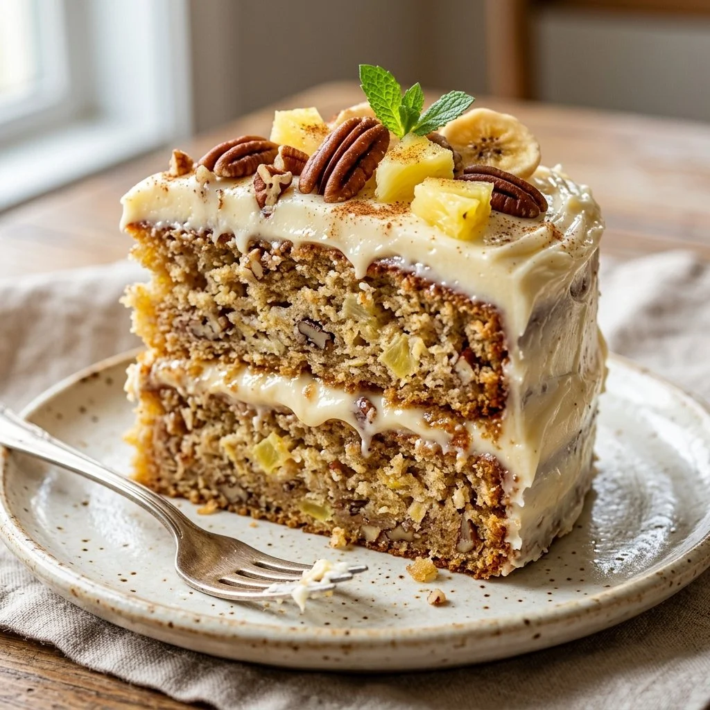 Slice of delicious Hummingbird Cake with pineapple and pecans on a plate
