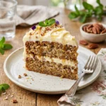 Slice of moist Hummingbird Cake topped with cream cheese frosting and colorful decorations