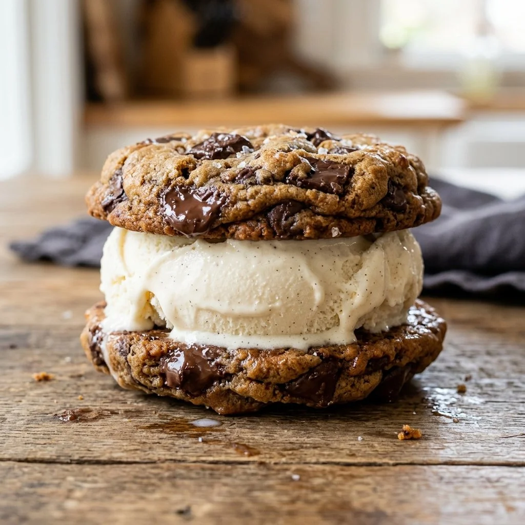 Delicious ice cream sandwich made with cookies and creamy ice cream.