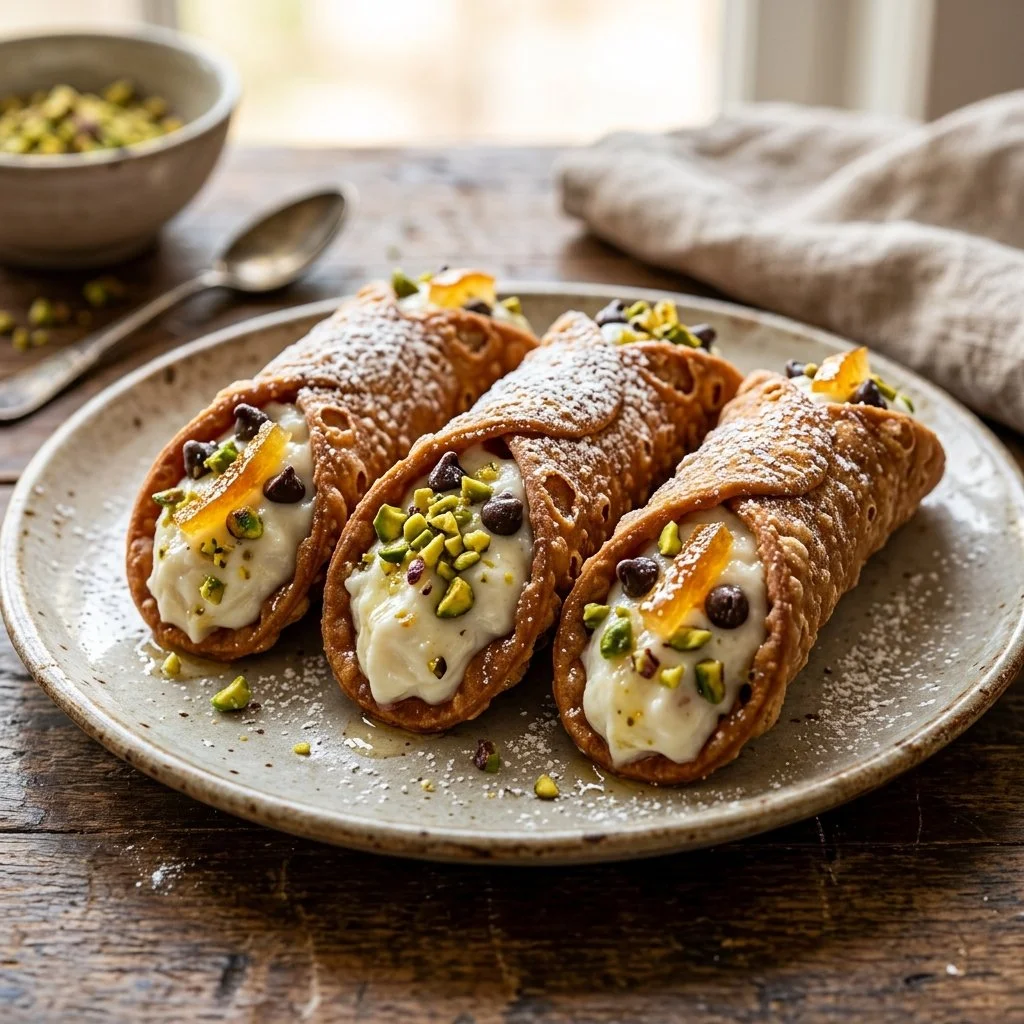Delicious Italian cannoli filled with ricotta and chocolate