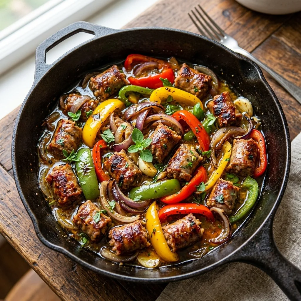 Italian sausage dish with peppers and onions served on a plate