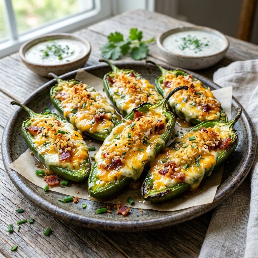 Plate of homemade jalapeno poppers stuffed with cream cheese and spices