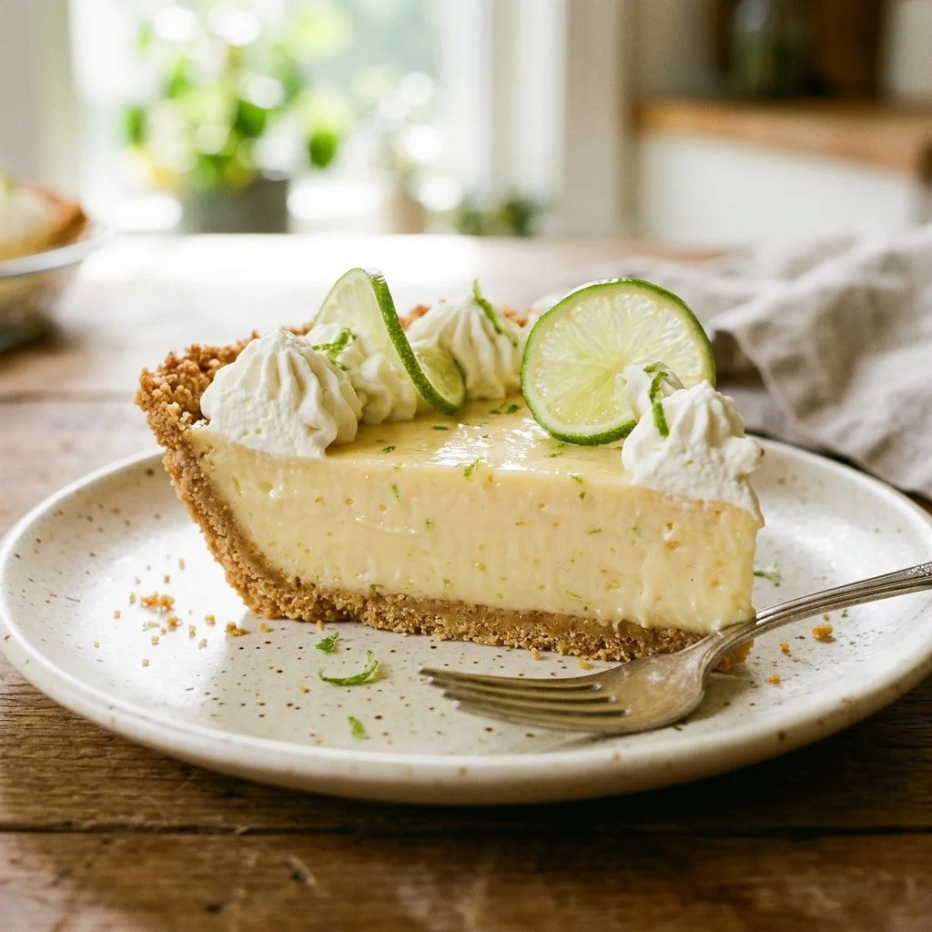 Delicious slice of homemade Key Lime Pie with whipped cream on top