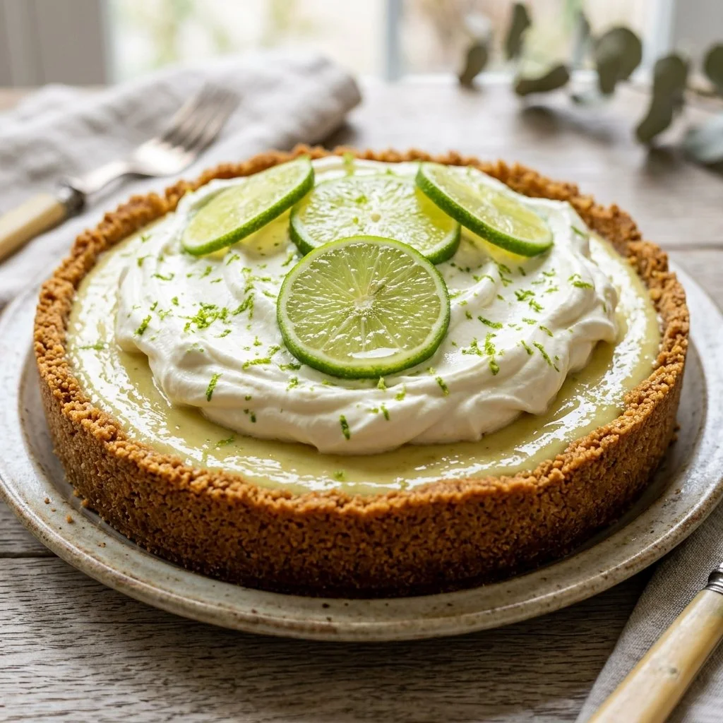 Delicious slice of Key Lime Pie topped with whipped cream and lime zest