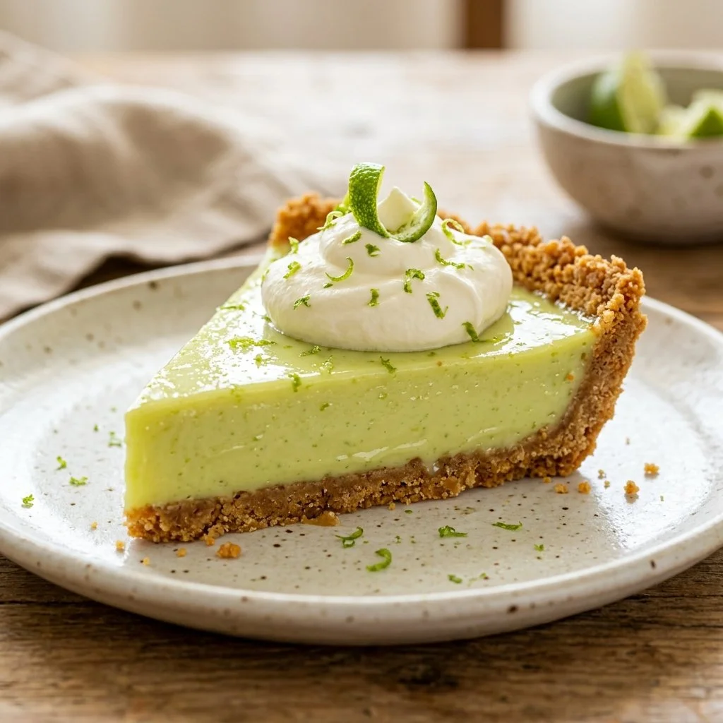 Delicious slice of homemade Key Lime Pie with whipped cream and lime garnish.