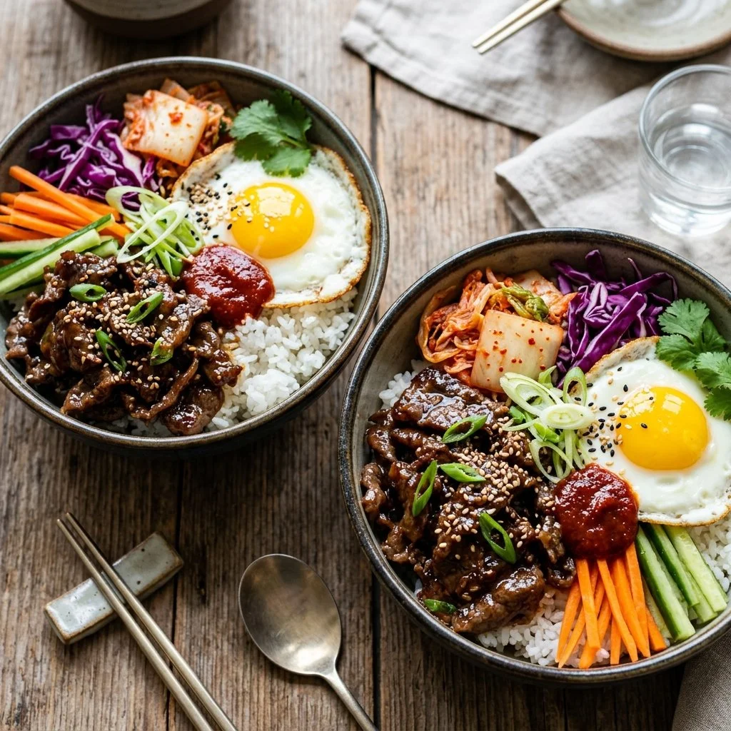 Delicious Korean Beef Bowl topped with vegetables and sesame seeds