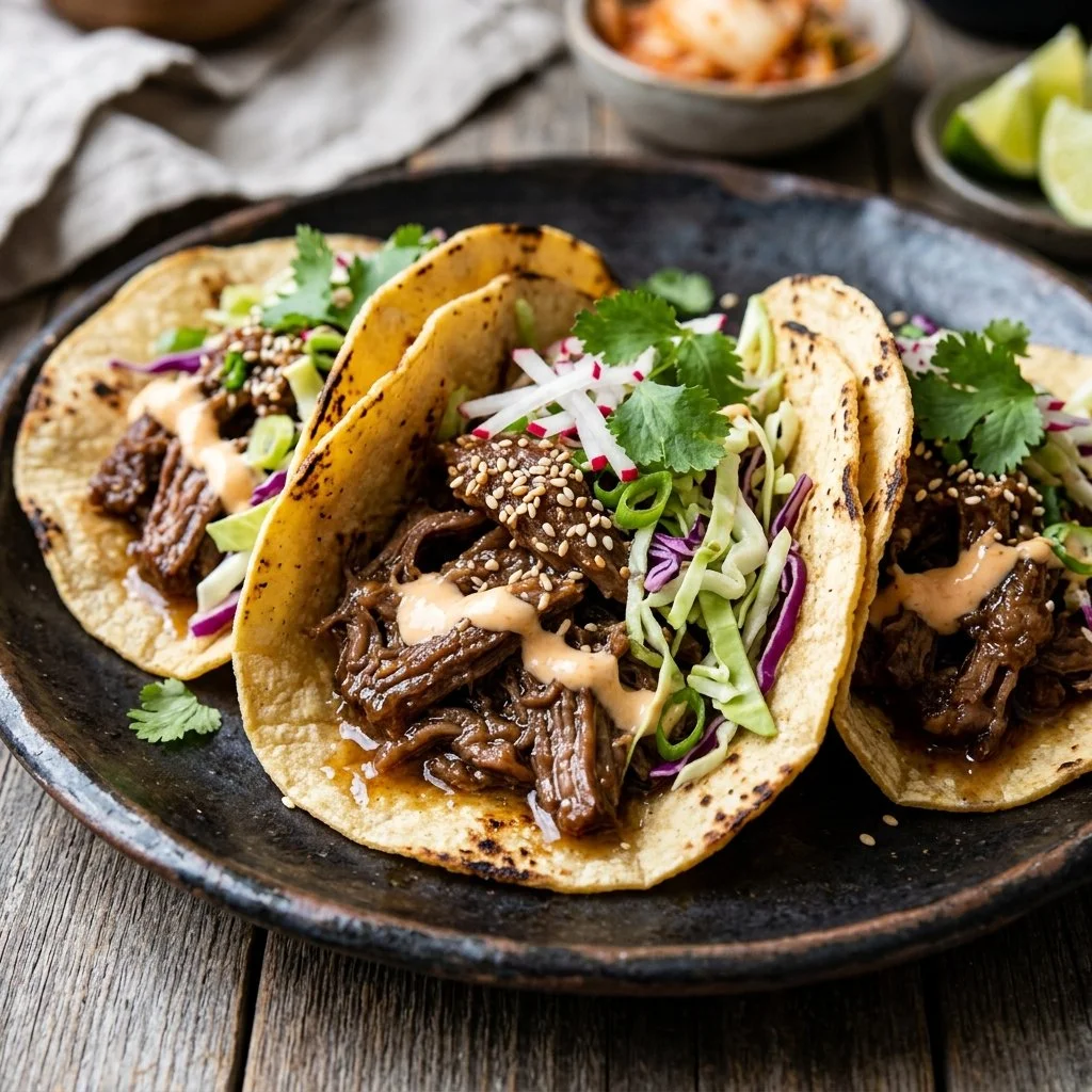 Delicious Korean Beef Tacos served with fresh ingredients and toppings