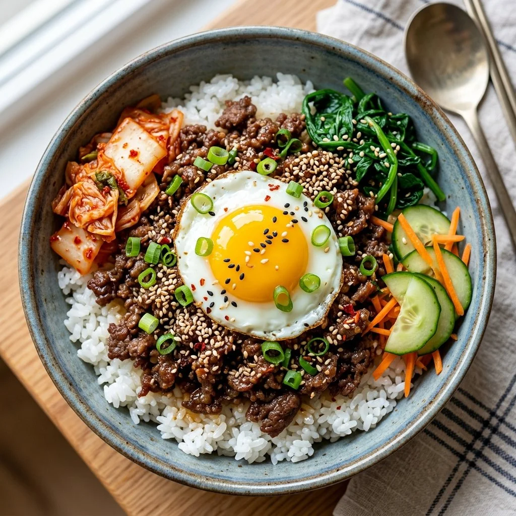 Korean Ground Beef Bowl with colorful vegetables and rice
