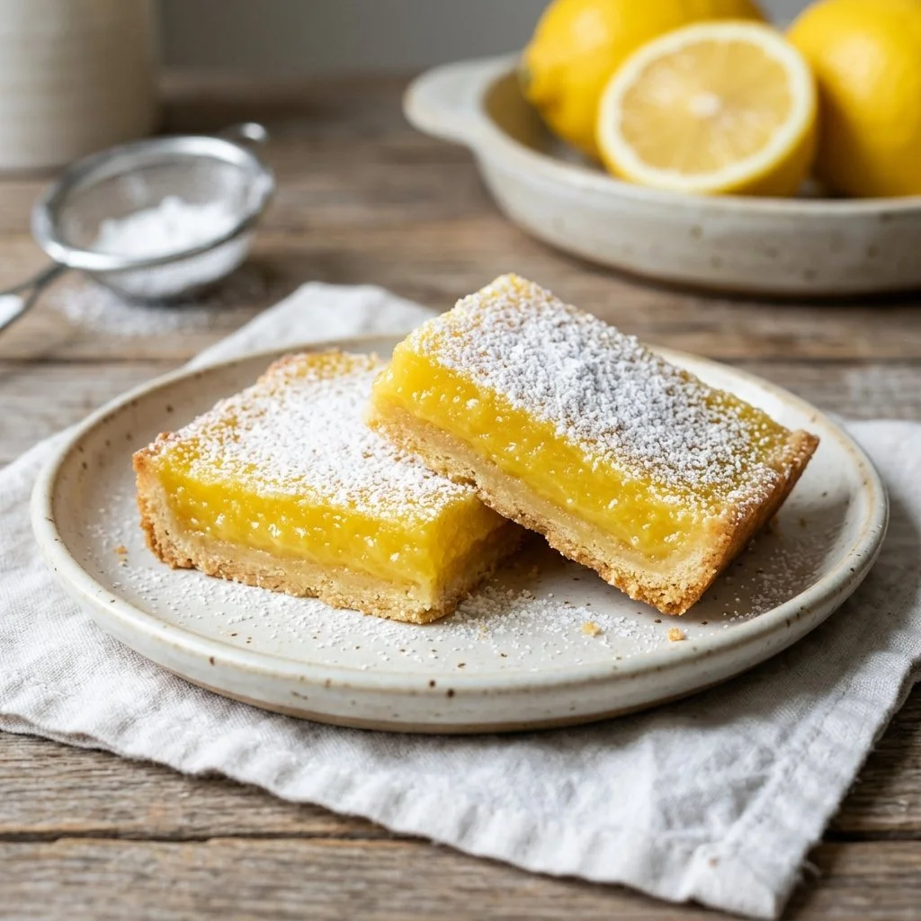Delicious homemade lemon bars with a light dusting of powdered sugar