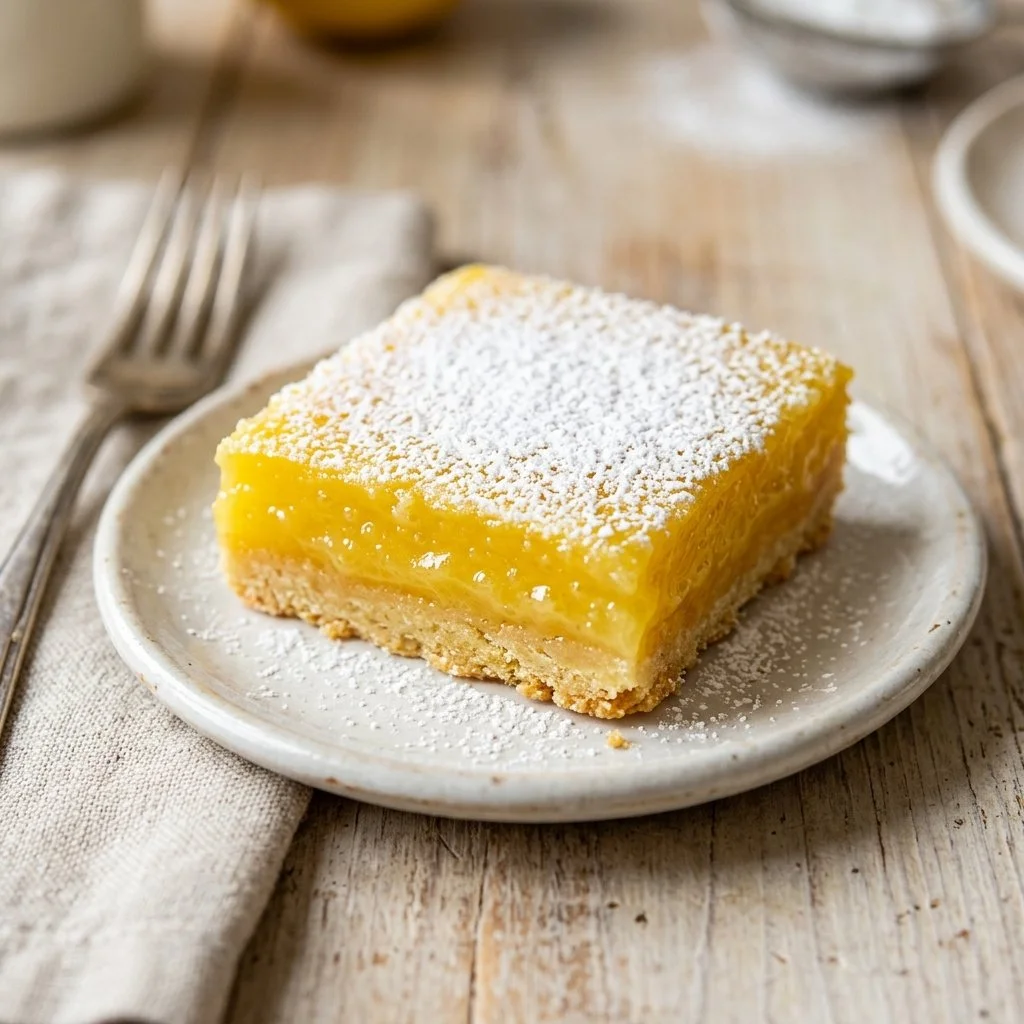 Delicious homemade lemon bars topped with powdered sugar.
