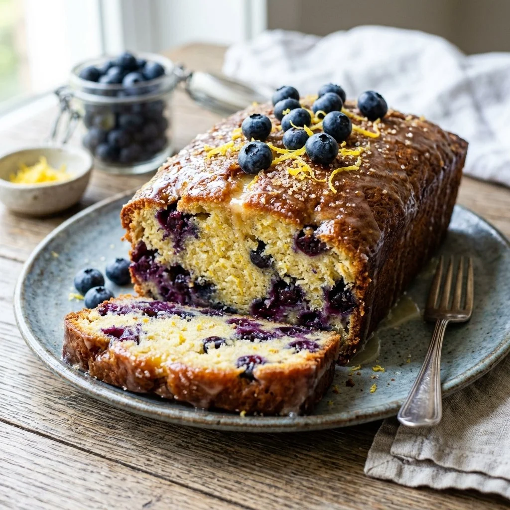 Freshly baked Lemon Blueberry Bread with vibrant blueberries and lemon zest