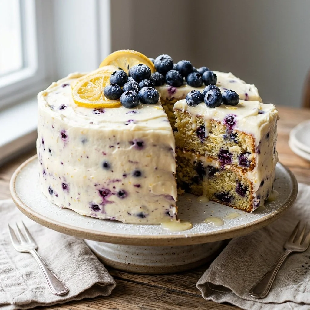 Delicious Lemon Blueberry Cake decorated with fresh blueberries and lemon slices