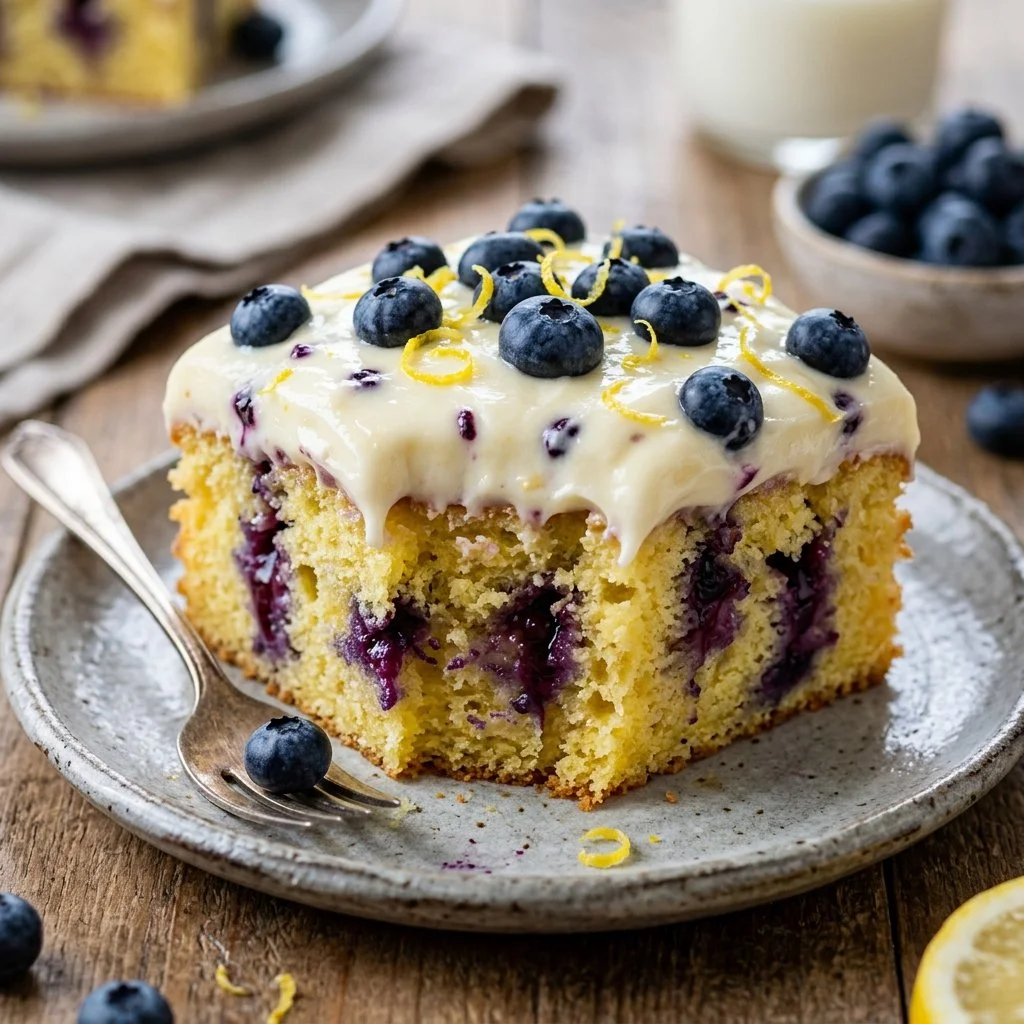 Lemon blueberry poke cake topped with fresh blueberries and lemon zest