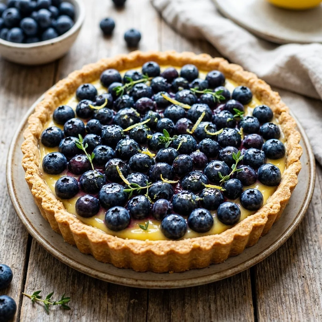 Delicious Lemon Blueberry Tart with fresh blueberries and lemon zest topping.