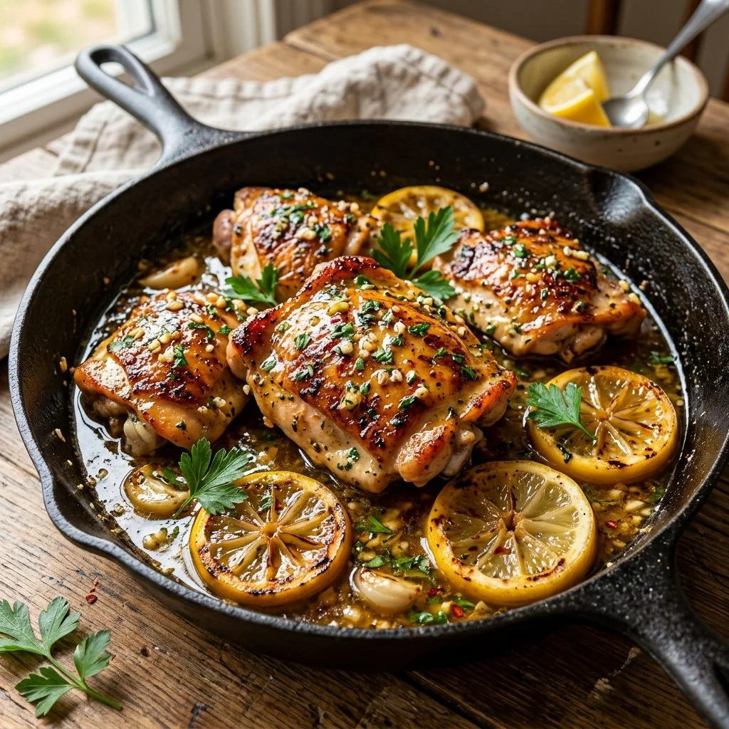 Lemon garlic butter chicken served with rice on a plate