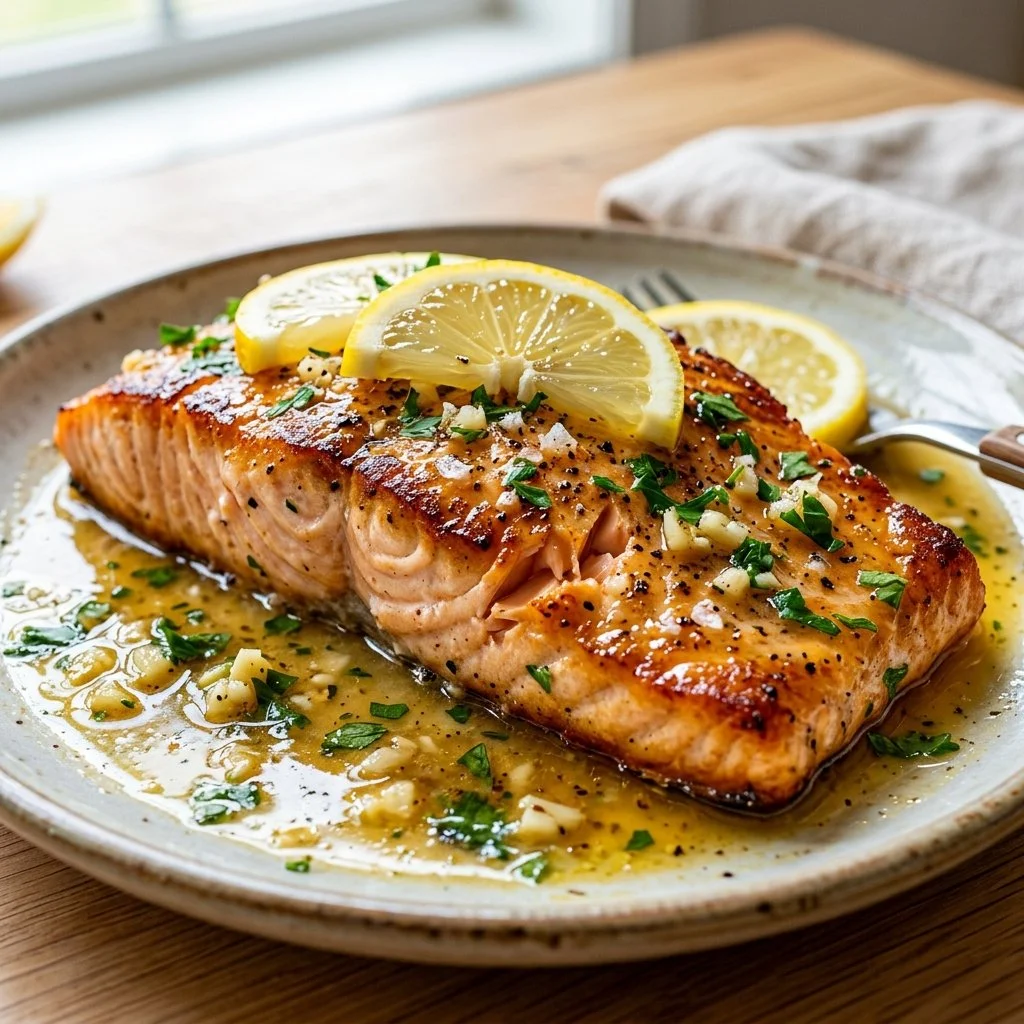 Lemon Garlic Butter Salmon fillet with fresh lemon slices and herbs