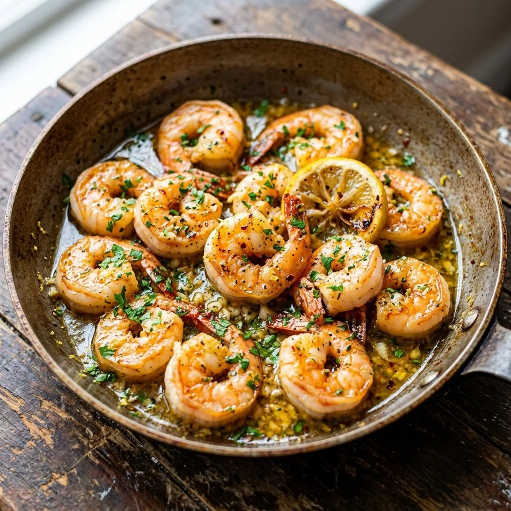 Plate of Lemon Garlic Butter Shrimp garnished with parsley