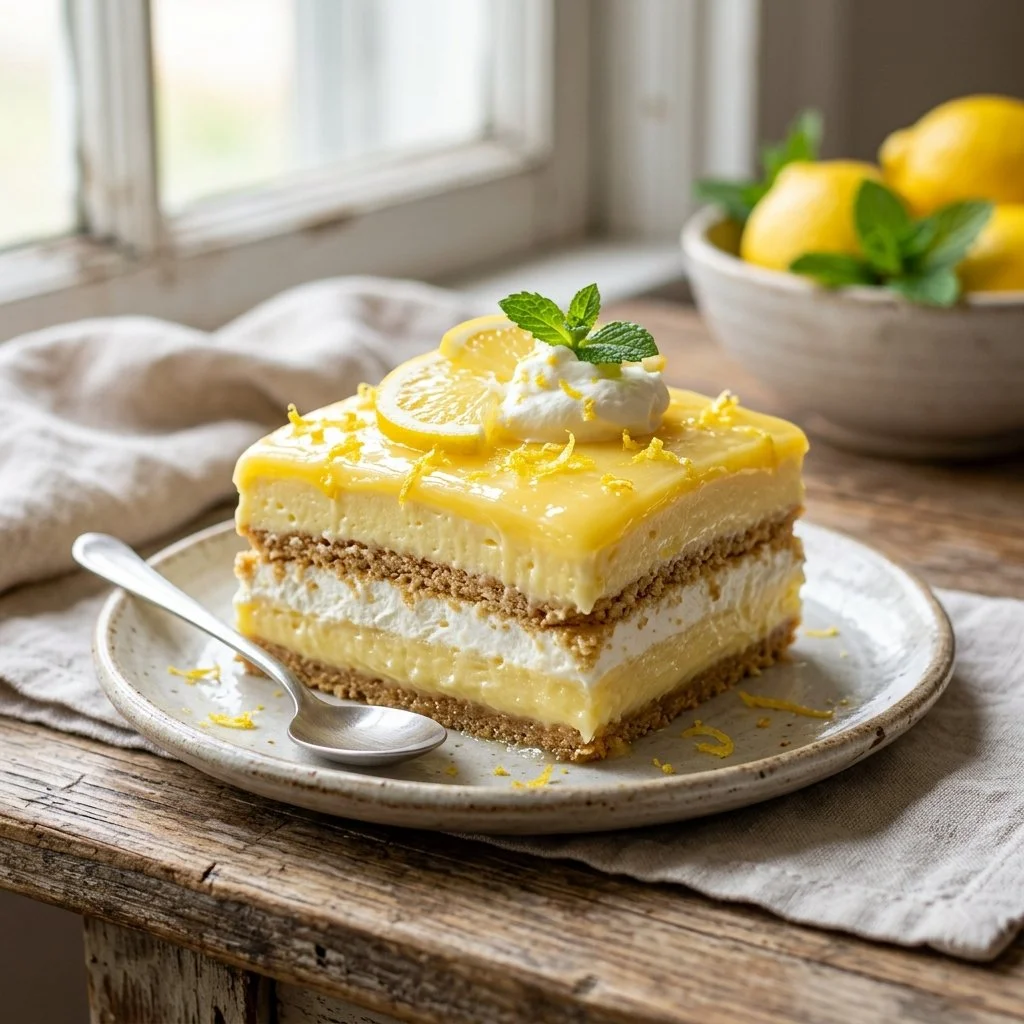 Delicious Lemon Icebox Cake served with fresh lemon slices