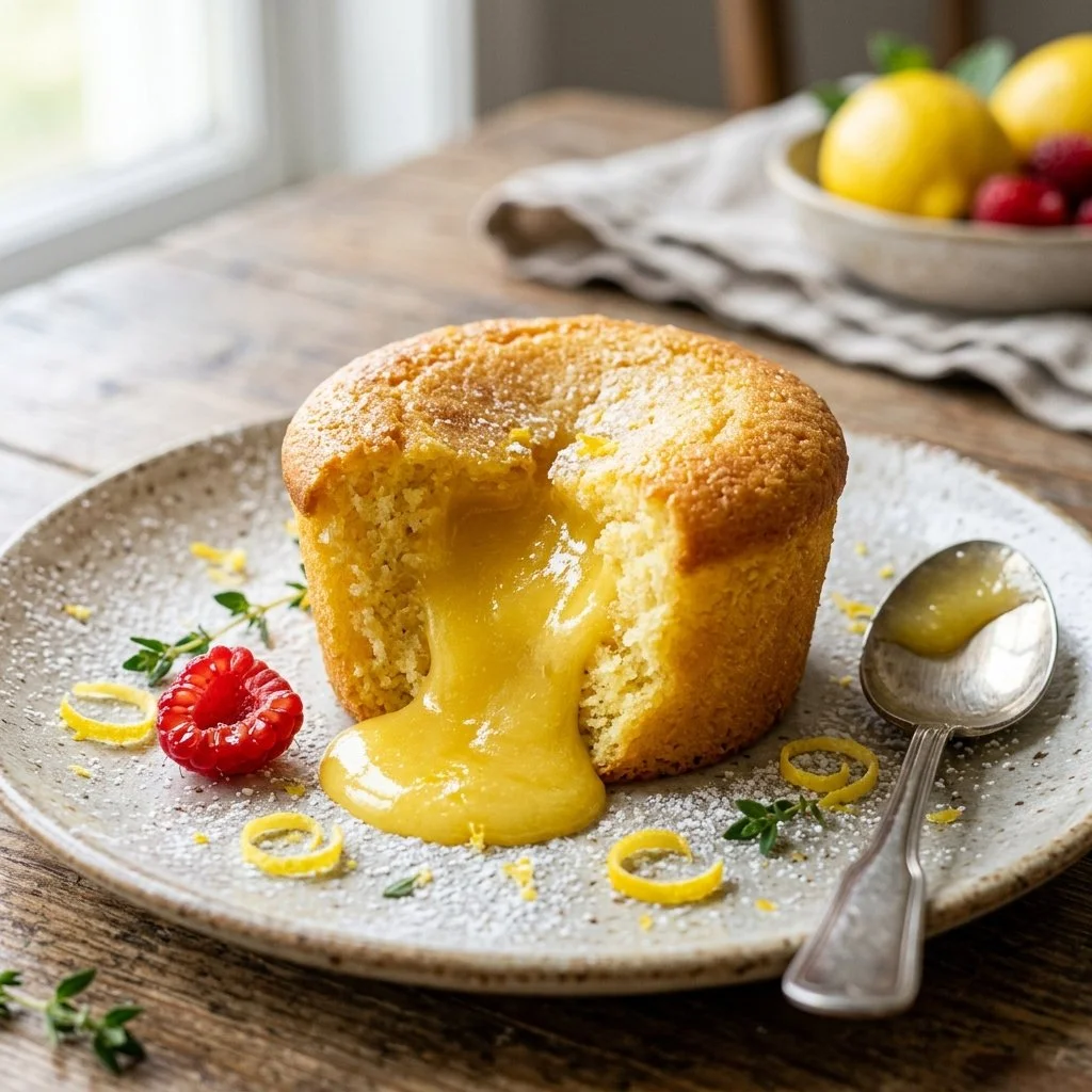 Delicious Lemon Lava Cake with a gooey lemon center on a white plate.