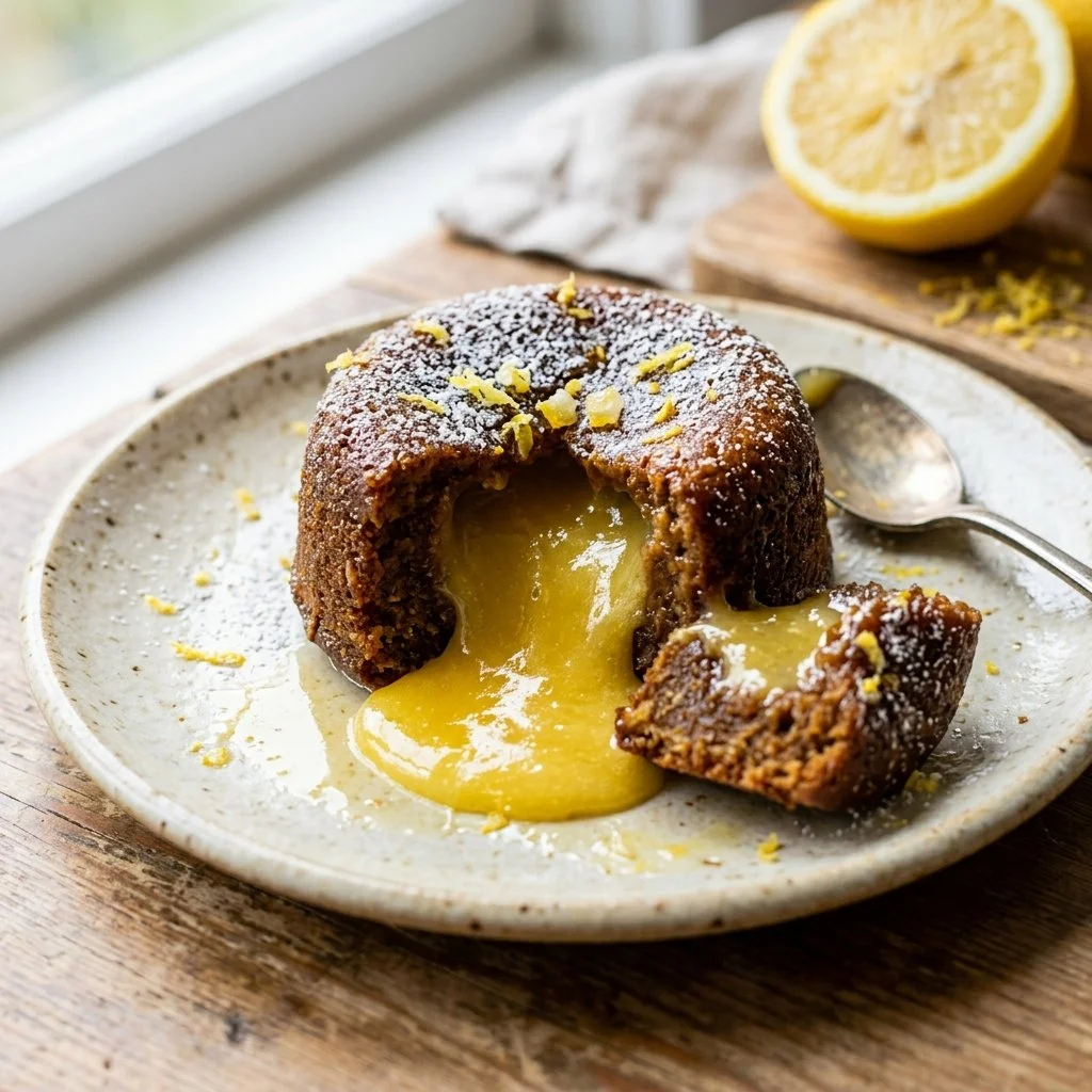 Delicious Lemon Lava Cake with molten lemon center and lemon zest garnish