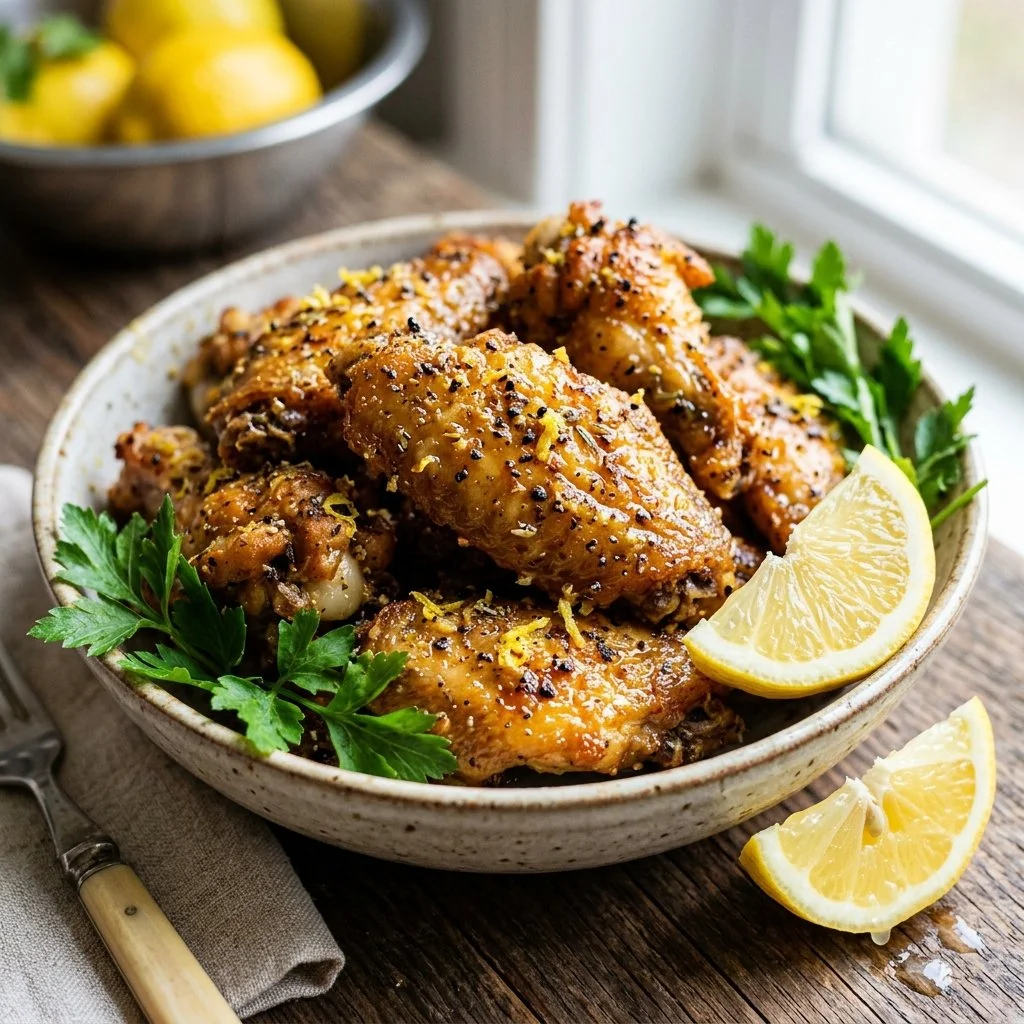 Delicious Lemon Pepper Chicken Wings garnished with lemon and pepper