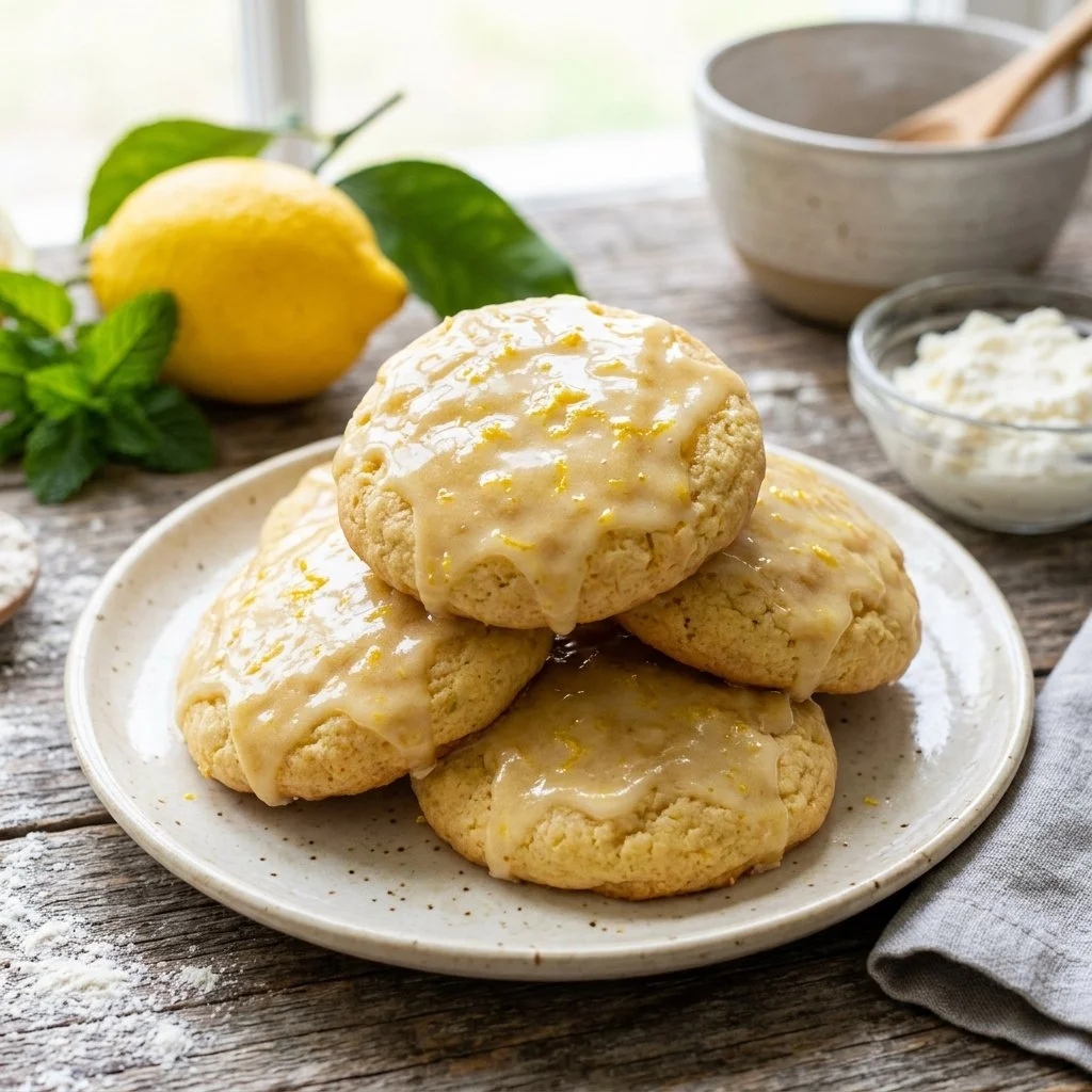 Delicious Lemon Ricotta Cookies with a lemon glaze on a plate