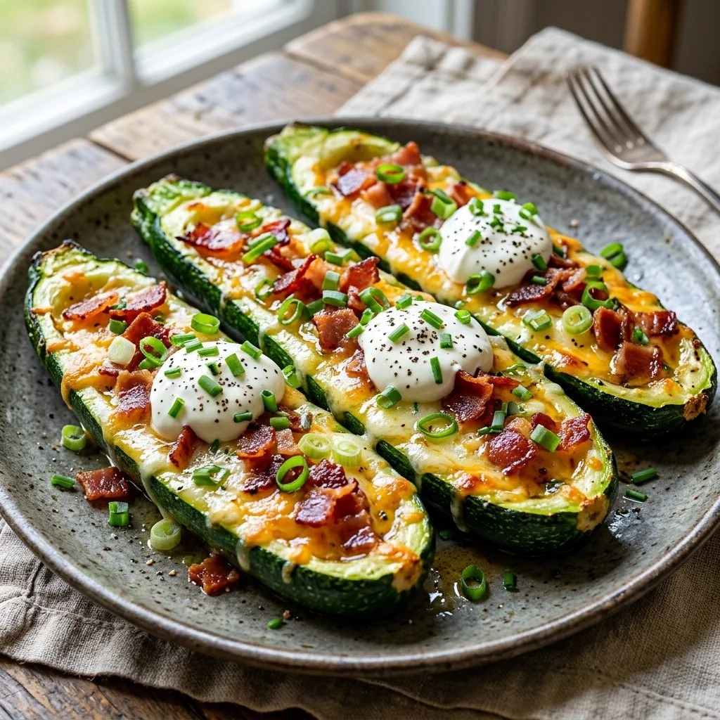 Loaded zucchini skins topped with cheese, bacon, and herbs