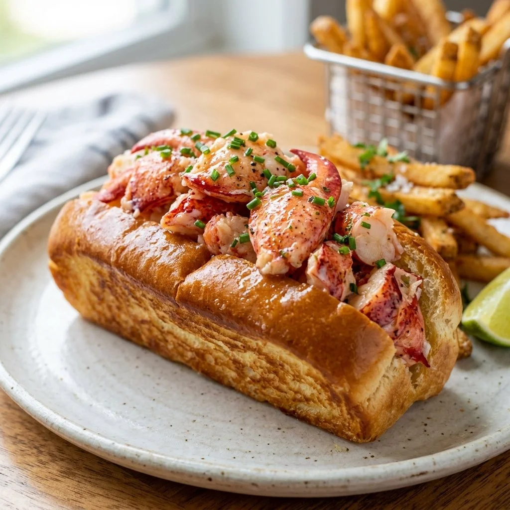 Delicious lobster roll with fresh lobster meat in a buttery bun