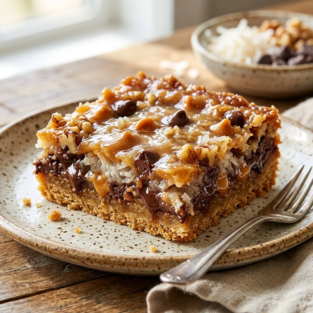 A plate of delicious Magic Cookie Bars topped with chocolate, nuts, and coconut.