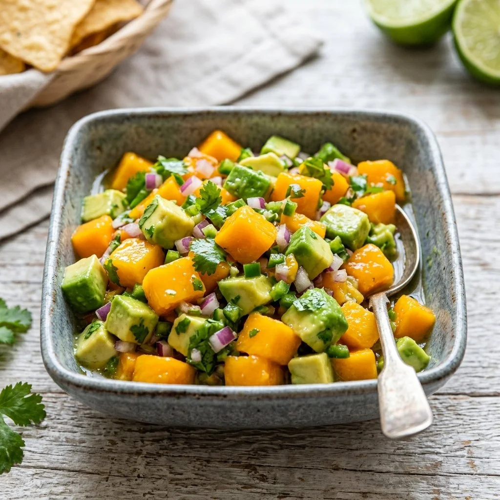 Fresh Mango Avocado Salsa served in a bowl with tortilla chips