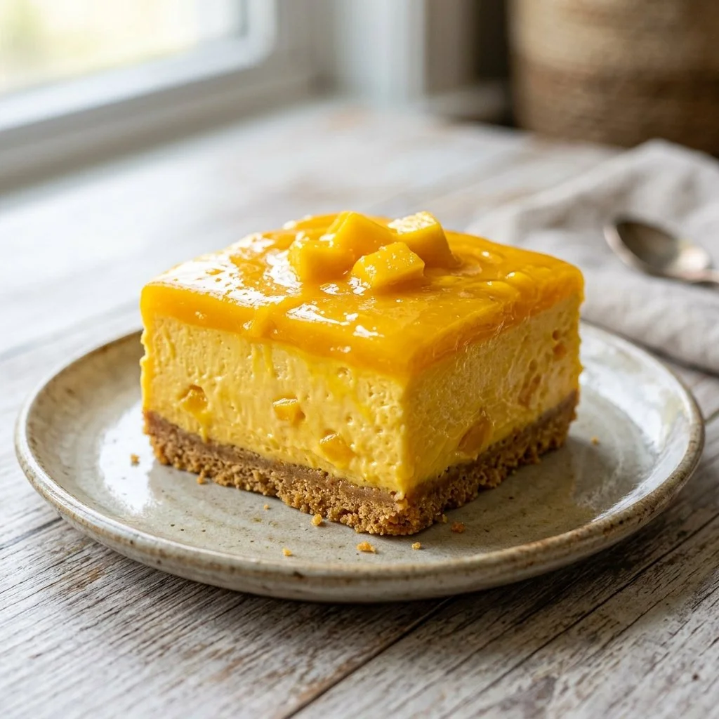Delicious mango cheesecake topped with fresh mango slices.