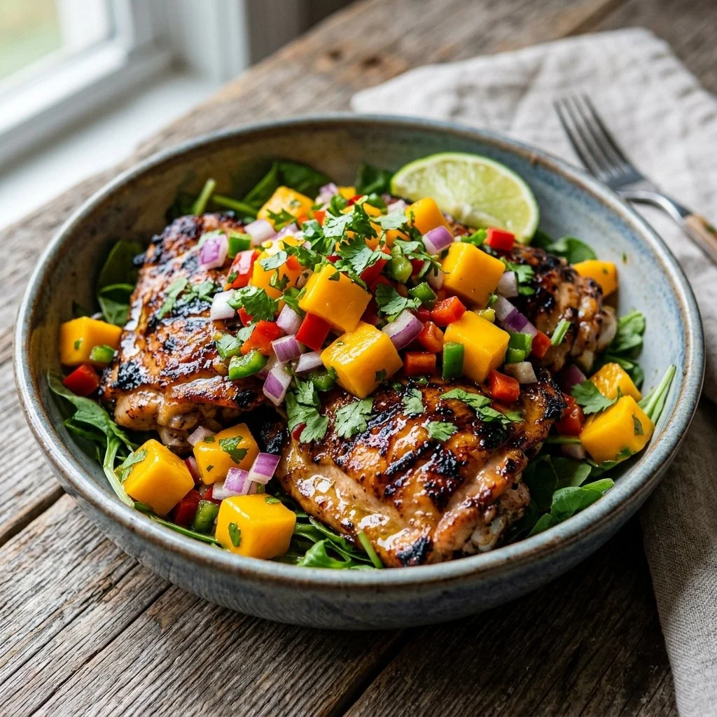 Plate of Mango Salsa Chicken garnished with cilantro and lime wedges