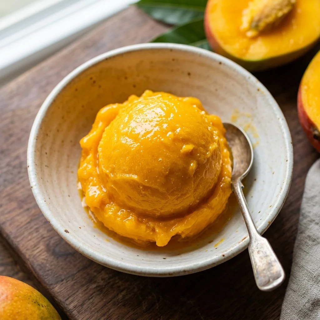 Bowl of homemade mango sorbet garnished with fresh mango slices and mint.