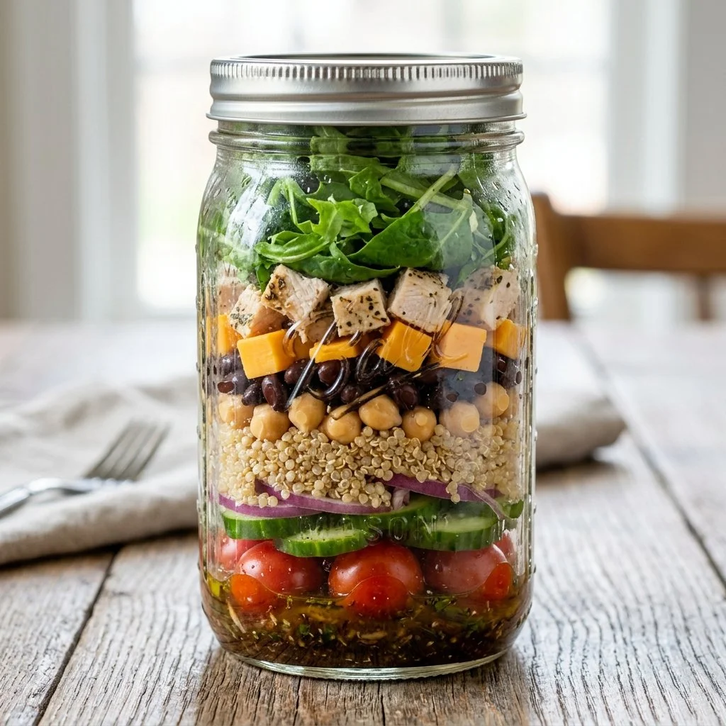 Colorful and healthy Mason Jar Salad with fresh vegetables and dressing