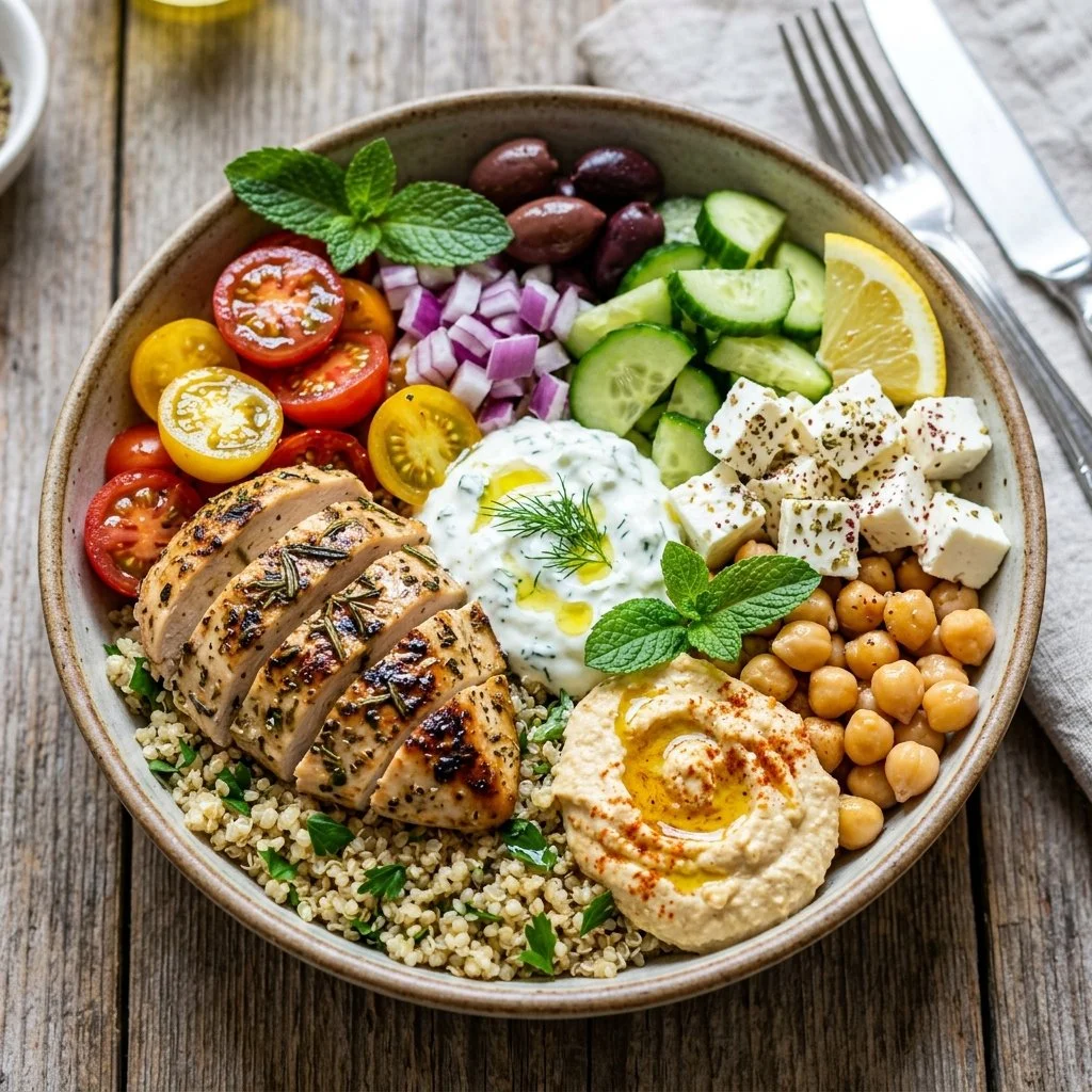 A colorful Mediterranean Bowl filled with fresh vegetables, grains, and proteins