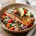 Delicious Mediterranean Salmon garnished with herbs and vegetables.