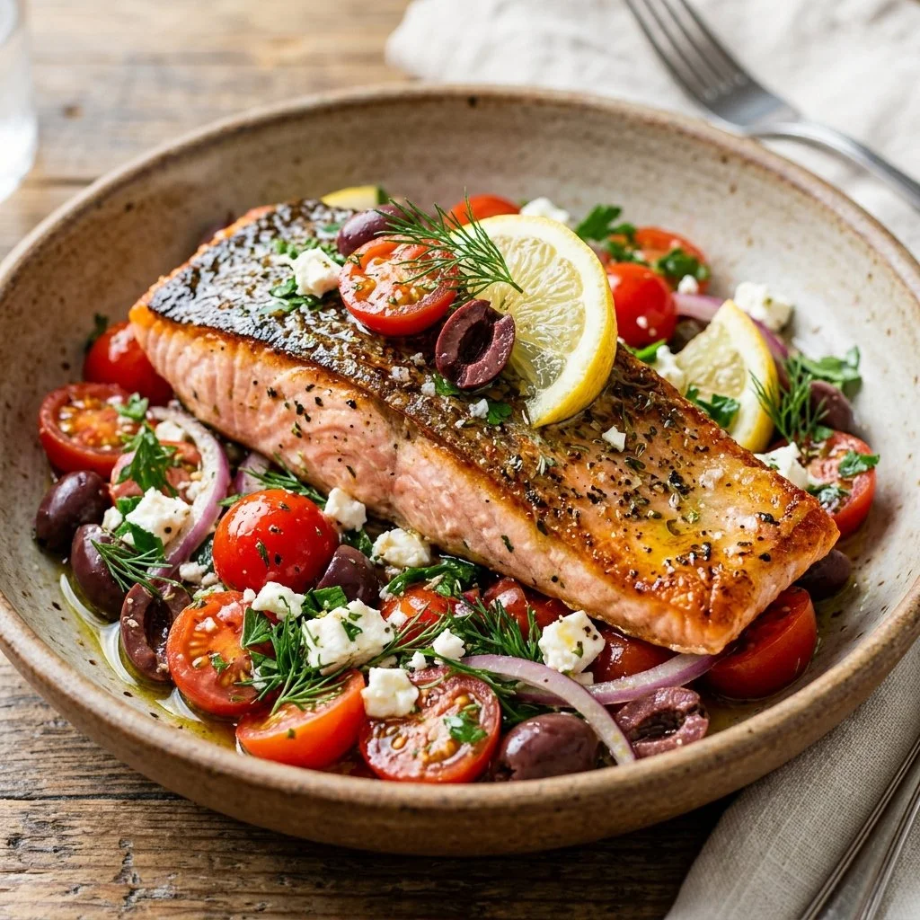 Delicious Mediterranean Salmon garnished with herbs and vegetables.