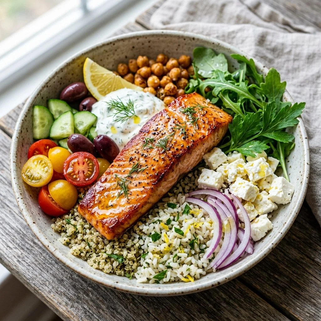 Mediterranean Salmon Bowl with colorful vegetables and quinoa