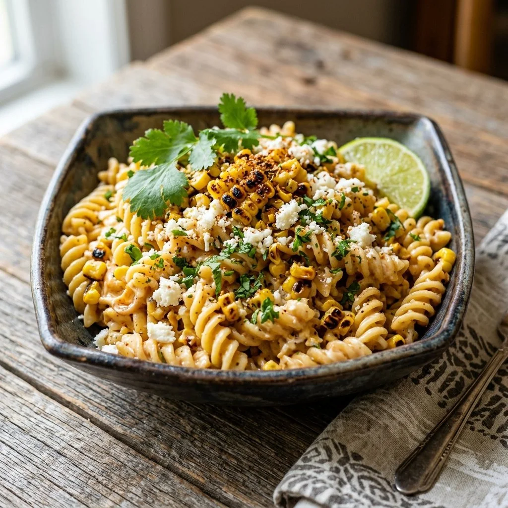 Mexican street corn pasta dish garnished with lime and cilantro