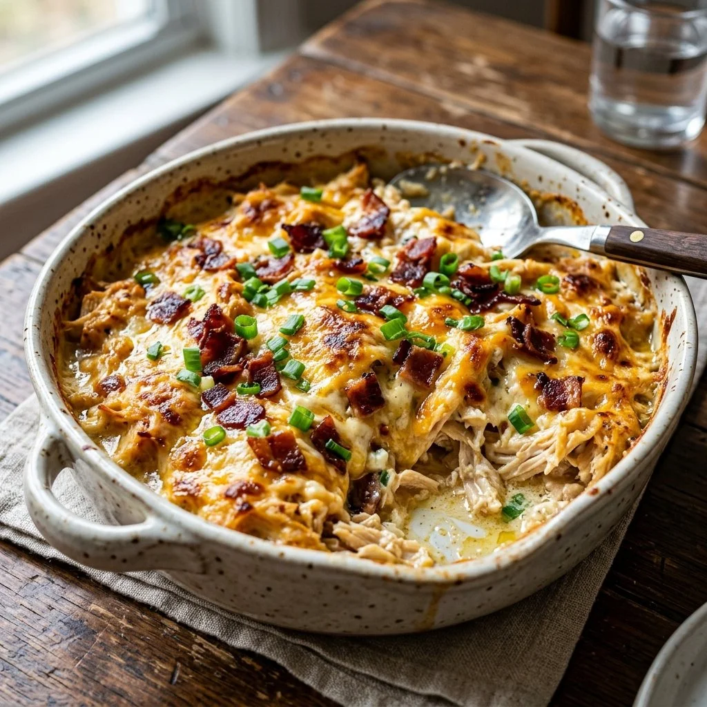 Delicious Million Dollar Chicken Bake topped with creamy sauce and cheese.