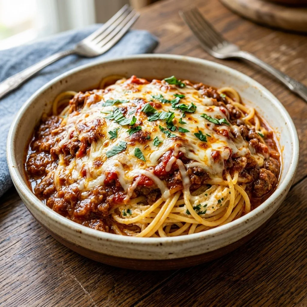Delicious Million Dollar Spaghetti served in a bowl with toppings.