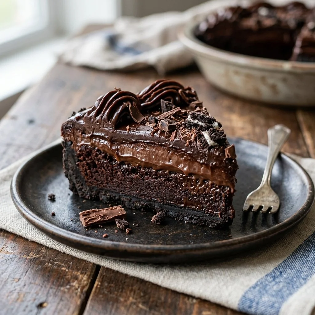 Delicious Mississippi Mud Pie topped with whipped cream and chocolate