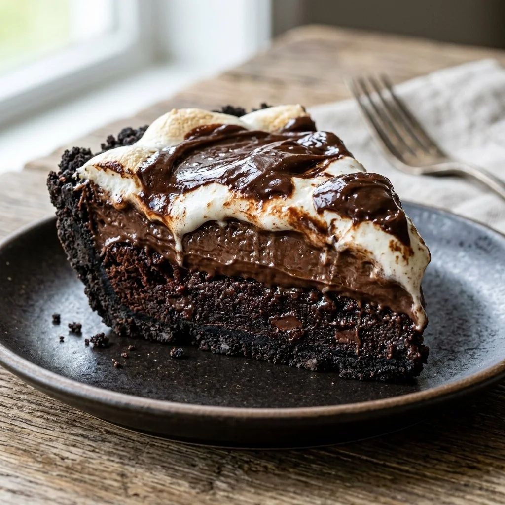Delicious Mississippi Mud Pie topped with chocolate and marshmallows.