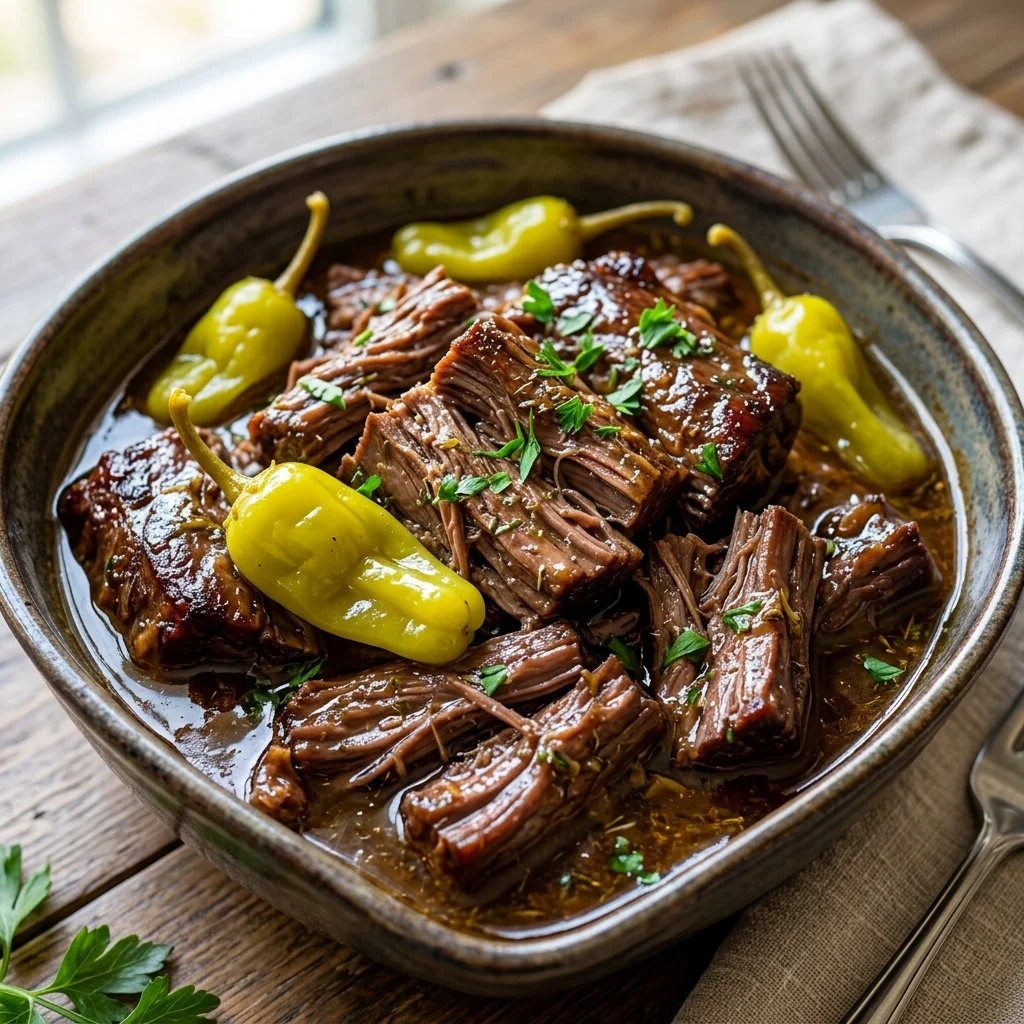 Delicious Mississippi Pot Roast served with vegetables on a plate.