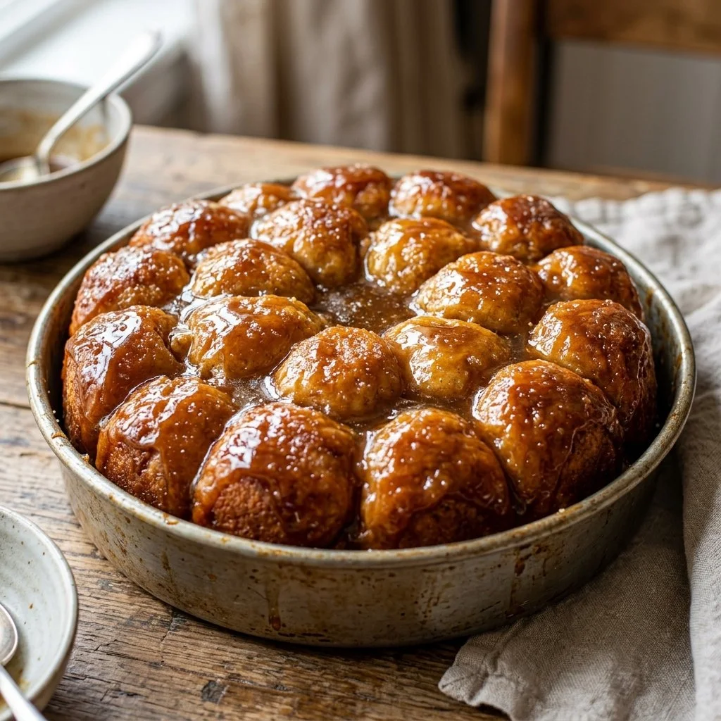 Deliciously sticky Monkey Bread served with a caramel glaze and cinnamon.