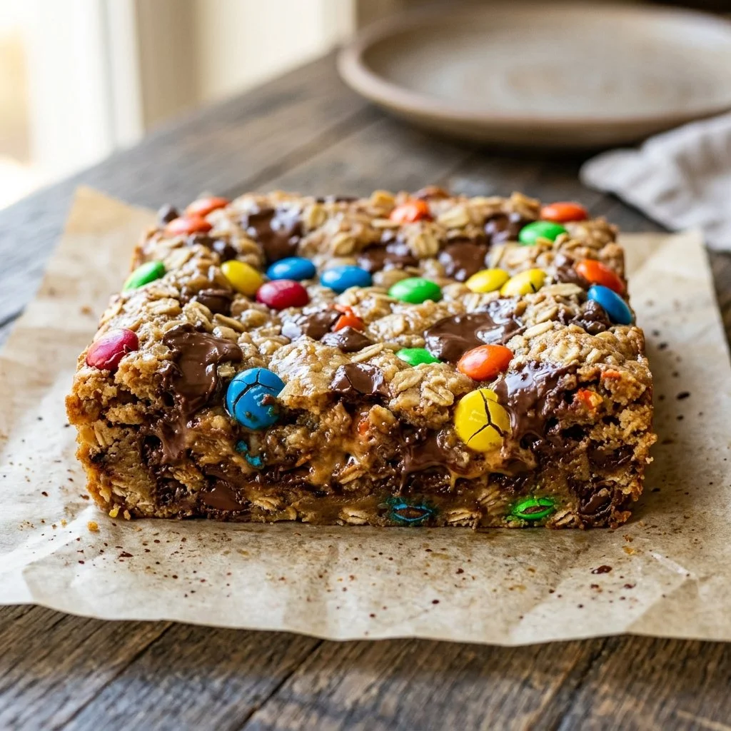 Delicious Monster Cookie Bars topped with chocolate and colorful candy treats