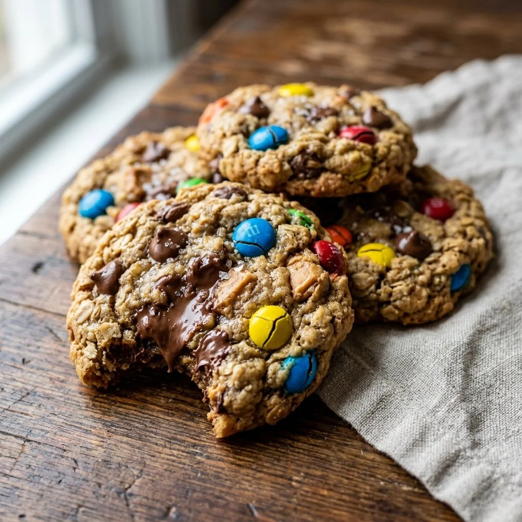 A batch of homemade Monster Cookies with chocolate chips and colorful candy