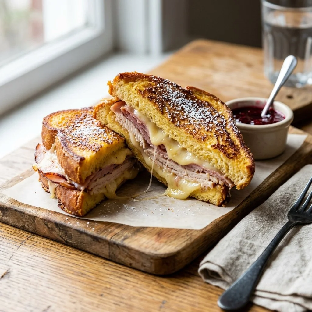 Delicious Monte Cristo Sandwich with ham, turkey, and melted cheese